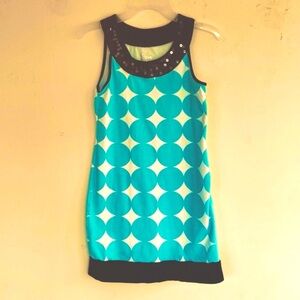Justice Girls 10 Teal Polka Dot Dress W/ Black Sequin Band @ Neckline & Hemline